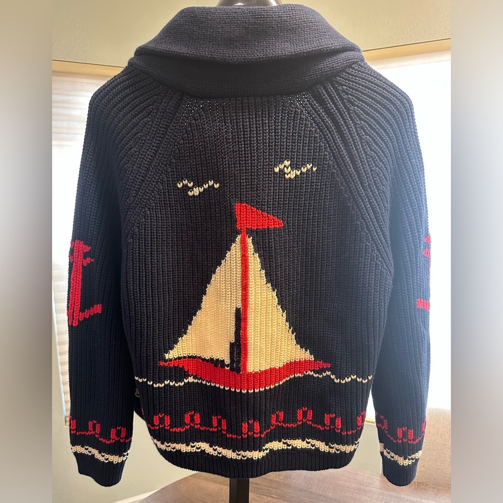 The Great Navy Sailboat Lodge Cardigan Size 3 = Large  Nautical Sweater - Picture 2 of 15
